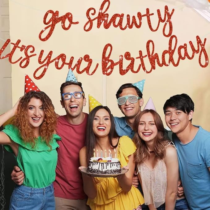 BEISHIDA Go Shawty It's Your Birthday Banner NO DIY Hip Hop Theme Happy Birthday Banner Pre-Strung Rap Theme Happy Birthday Sign for Man Women birthday Party Supply Glitter Red