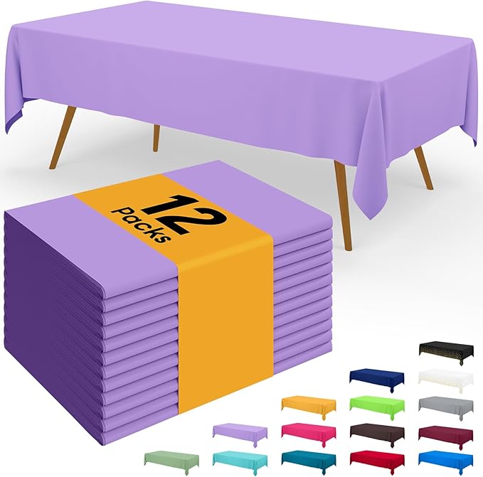 Smiry Disposable Table Cloth - 12 Pack, 54 x 108 Inch Waterproof Rectangle Tablecloths for Parties, Decorative Plastic Table Cover, Leakproof & Sturdy, Lavender
