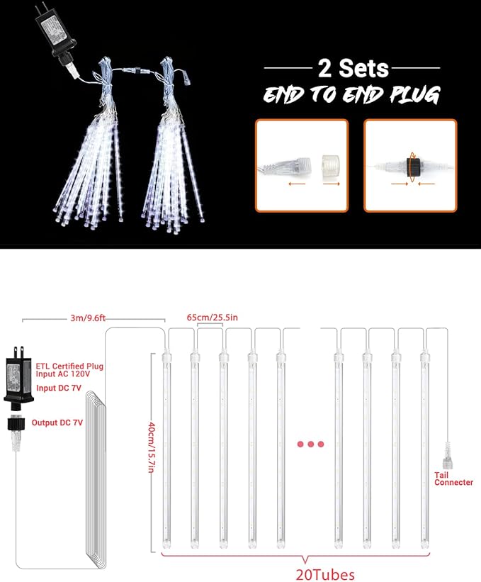 iBaycon 20 Tubes 640 LED Meteor Shower Rain Lights, 15.7 inches Cascading Icicle Lights Waterproof Outdoor, Connectable Falling Raindrop Light with Timer for Holiday Party Christmas Decorations