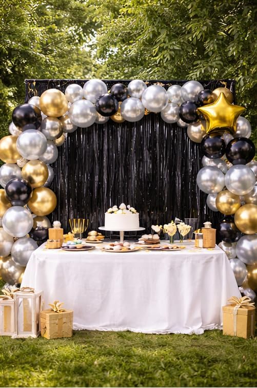 Black Foil Fringe Backdrop Curtain 2 Pack – 3.2 x 6.4 ft Metallic Tinsel Streamer Party Decoration for Photo Booth, Birthday Party, Graduation & Celebration Backdrop