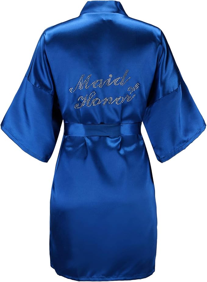 EPLAZA Women's One Size Silver Rhinestones Bride Bridesmaid Short Satin Robes for Wedding Party Getting Ready