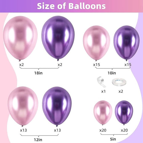 100pcs Metallic Pink Purple Balloon Garland Kit, Metallic Purple Metallic Pink Balloons Different Sizes 18/12/10/5 inch for Wedding Anniversary Birthday Bachelorette Bridal Shower Party Decorations