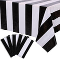 Kesfey 5 Packs Black and White Horizontal Striped Table Cloth 54 x 108 Inch Classic Black Stripe Tablecloths Disposable Plastic Stripe Table Covers Waterproof Picnic Tablecover for Camping Party