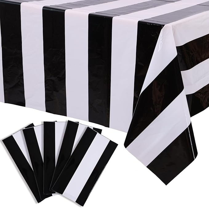 Kesfey 5 Packs Black and White Horizontal Striped Table Cloth 54 x 108 Inch Classic Black Stripe Tablecloths Disposable Plastic Stripe Table Covers Waterproof Picnic Tablecover for Camping Party