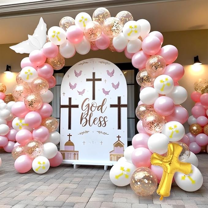 132Pcs First Holy Communion Pink Balloon Garland Arch Kit God Bless Baptism Party Decoration Christian Religious Decor Cross Dove Balloon Girl Mi Bautizo Christening Birthday Baby Shower Party Supplie