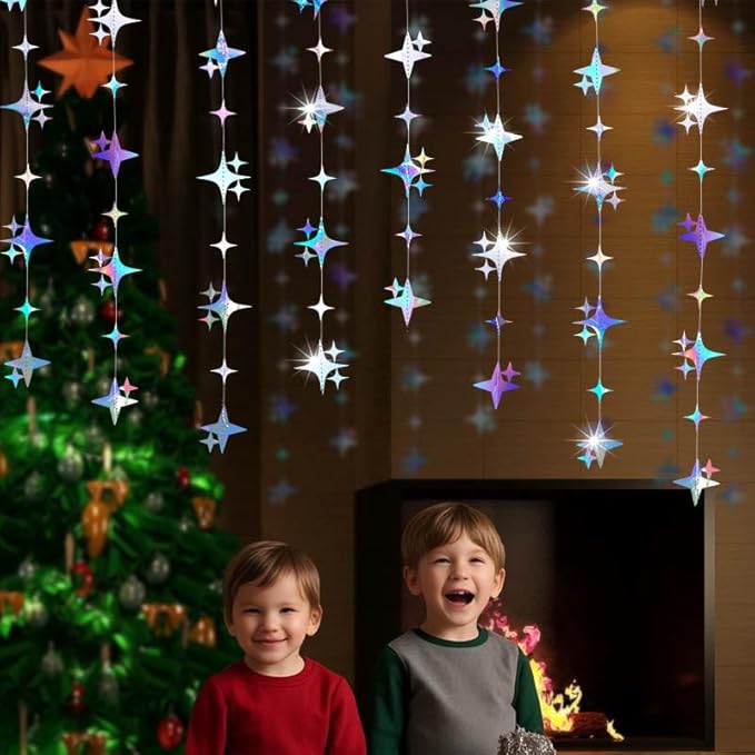 Glitter Iridescent Four-Angle Star Paper Garland Banner Décor 40 Feet Iridescent Twinkle Star Hanging Bunting Banner Backdrop for Wedding Baby Shower Birthday Graduation Disco Party Decorations