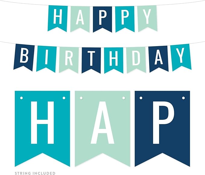 Andaz Press Hanging Pennant Banner Party Decorations, Aqua, Seafoam Mint Green, Navy Blue, Happy Birthday, 1-Pack, Approx. 5-Feet, Under the Sea Nautical Mermaid Themed Decor