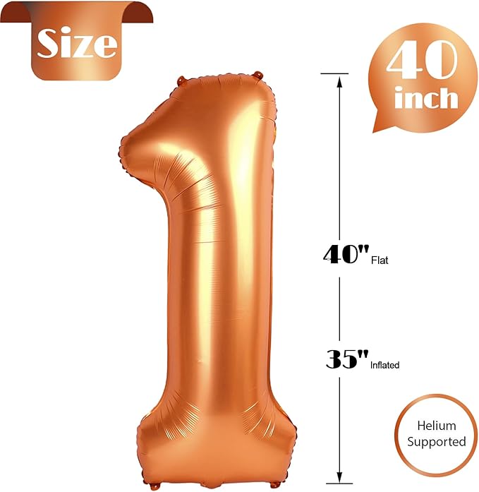 Orange Number 1 Balloon 40 Inch, 1st Birthday Balloon for Baby Boy Girl Toddler First Birthday Decorations, Shiny Orange Party Supplies