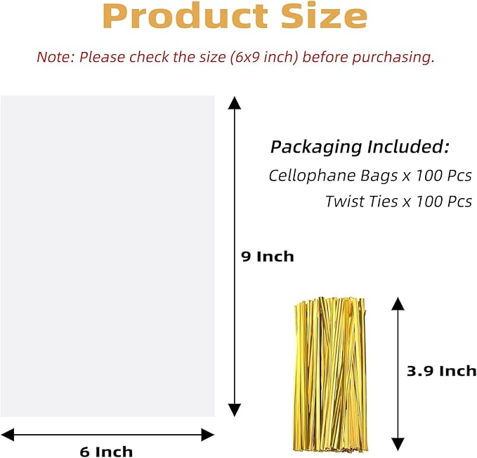 Yotelab Cellophane Treat Bags, 6x9 Inches Clear Cellophane Bags With Twist Ties