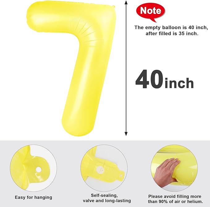 40 Inch Number 7 Balloon, Yellow Seven Birthday Decor, 7 17 27 70 Year Old Balloon Number for Engagement, Wedding, Graduations