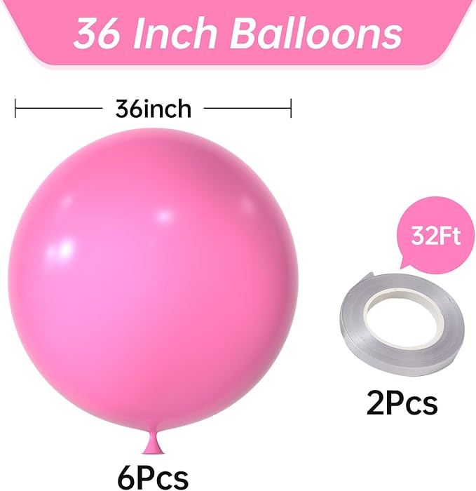 KALOR 36 Inch Giant Hot Pink Balloons, 6 Pack Large Round Hot Pink Latex Balloons for Anniversary, Birthday, Christmas, Wedding, Baby Shower Party Decorations