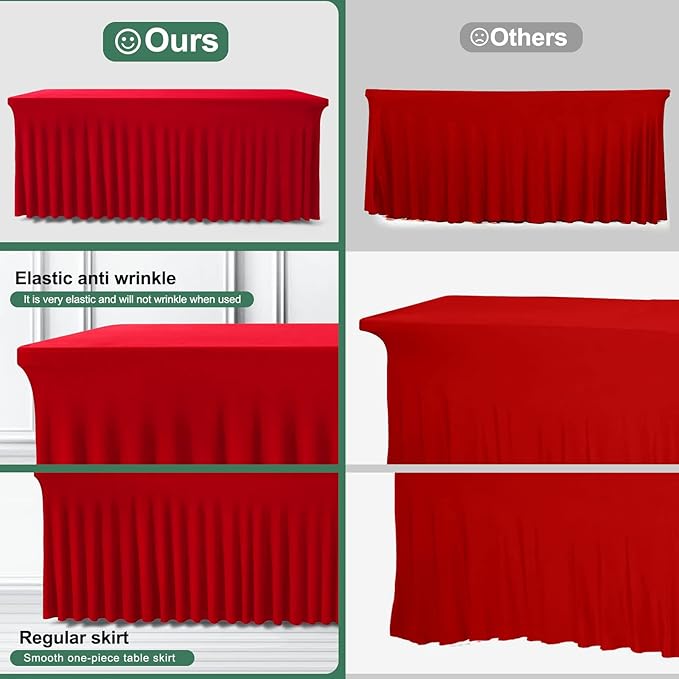 Table Skirts for Rectangle Tables 8ft - 2 Pack One-Piece Red Tablecloths and Skirt, Wrinkle Resistant Ruffles Elastic Cover for Banquets, Weddings, Events, Parties