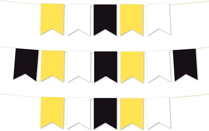 Andaz Press Hanging Pennant Banner with String, Yellow, Black, White, 1-Set, 24 Pennants, Approx. 12-Feet Long, Bumblebee Bee Baby Shower Theme Colored Supplies
