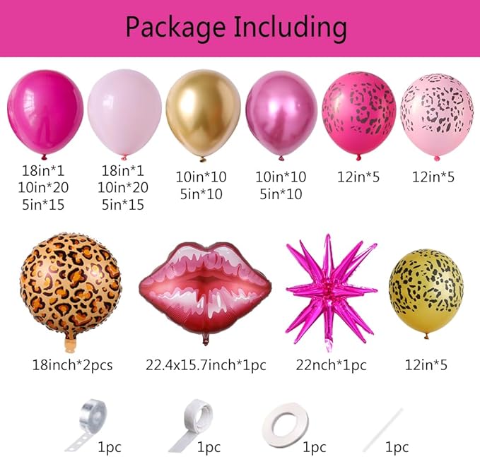 Hot Pink Cheetah Print Balloon Garland Arch Kit, 135pcs Pink Gold Latex Balloons with Lip Leopard Foil Balloon for Women Girls Birthday Bridal Shower Valentines Day Party Decorations