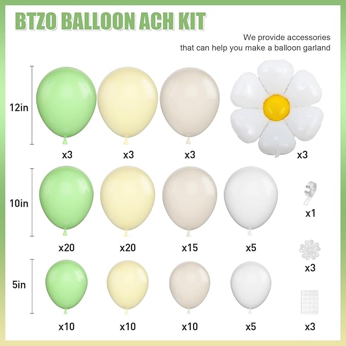 Daisy Balloon Garland Arch Kit,Green Yellow White Boho Balloons Garland Daisy Flower Balloons For Birthday Baby Shower Bridal Wedding Groovy Daisy Party Decorations