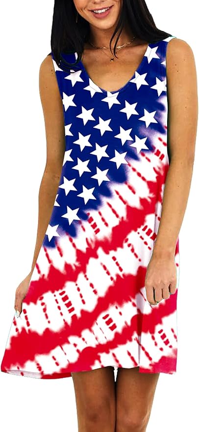 Deerose Women 4th of July Sleeeveless Dress Patriotic V Neck Tank Dresses with Pockets