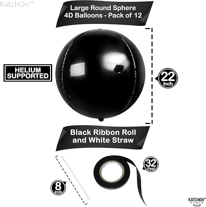 KatchOn, Huge Black Balloons - 22 Inch, Pack of 12 | Round 4D Foil Balloon | Black Birthday Party Decoration | Black Graduation Decorations 2026 | Mylar Balloons For Bachelorette, Baby Shower