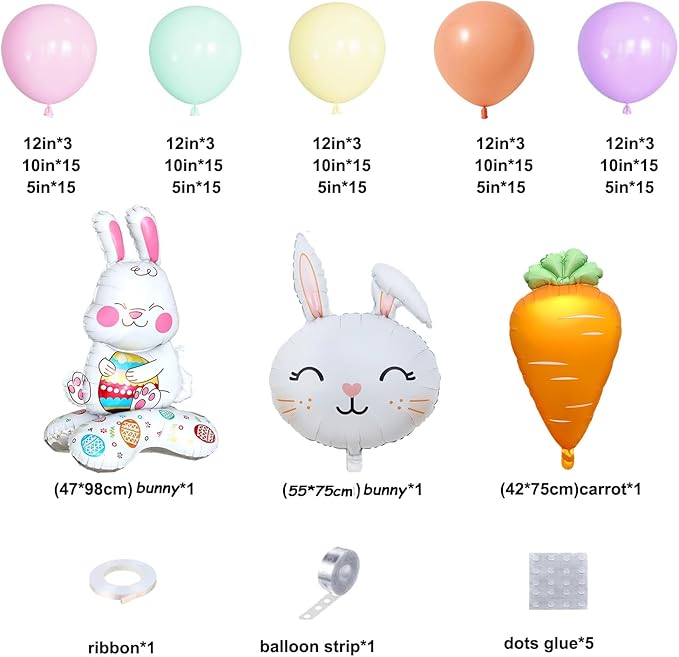 CboDeco Easter Balloon Arch Kit, 171PCS Pastel Balloon Garland with Bunny & Carrot Foil Balloons, Spring Bunny Balloons for Easter Party Decorations