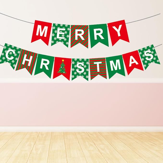 Merry Christmas Banner Decorations Red Green Xmas Paper Banner Sign Home Office Decor Banners Merry Christmas Party Decoration for Xmas Holiday Fireplace Wall Window Indoor Decor