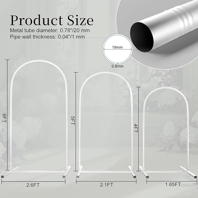 Metal Arch Backdrop Stand Set of 3, Heavy-Duty Balloons Arch Frame for Wedding Ceremony, Party, Baby Shower, Birthday Decorations (White, 4ft+5ft+6ft)