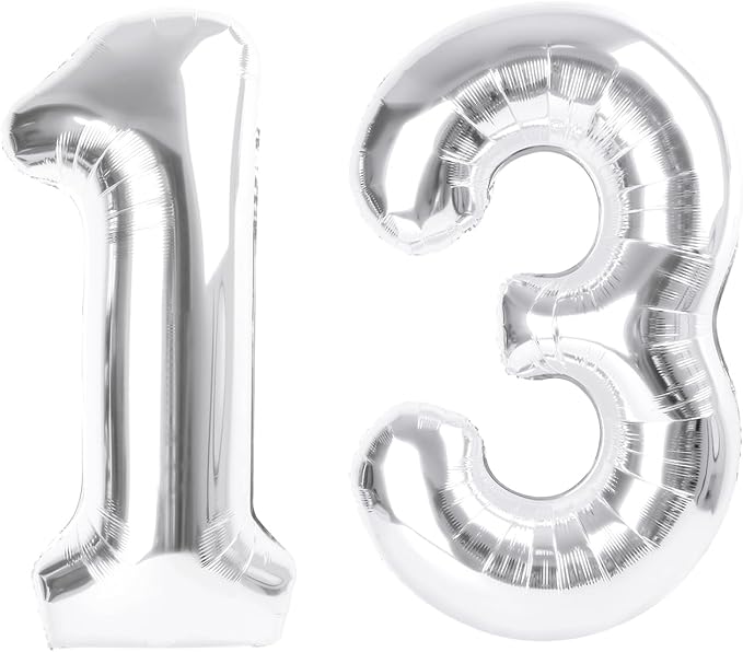 13 Number Balloons, Silver Balloons for Woman Man 13th Birthday Party Decoration, 40 Inch Foil Number 13 Ballon for 13, 31 Anniversary, Bridal Shower, Graduation, Wedding, New Year, Valentine's Day