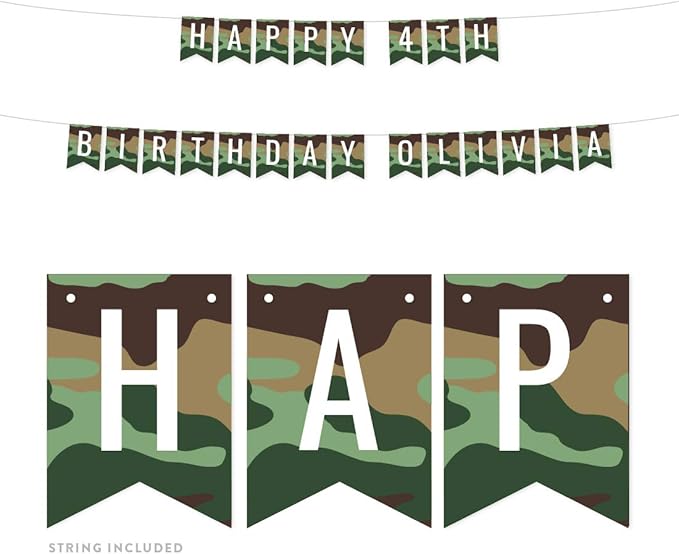 Andaz Press Personalized Hanging Pennant Banner Party Decorations, Camouflage Theme, Happy 4th Birthday Olivia, 1-Pack, Approx. 5-Feet, Custom Name and Number