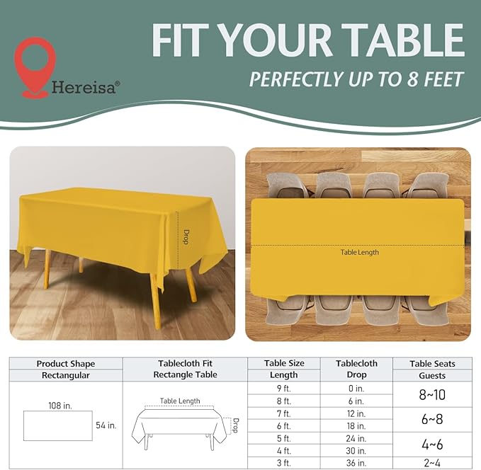Disposable Plastic Tablecloth 54x108 Inch Rectangle - Yellow, 4 Pack Waterproof & Tear-Resistant Party Table Cover for Dining, Picnic, Crafts, Holiday Decor