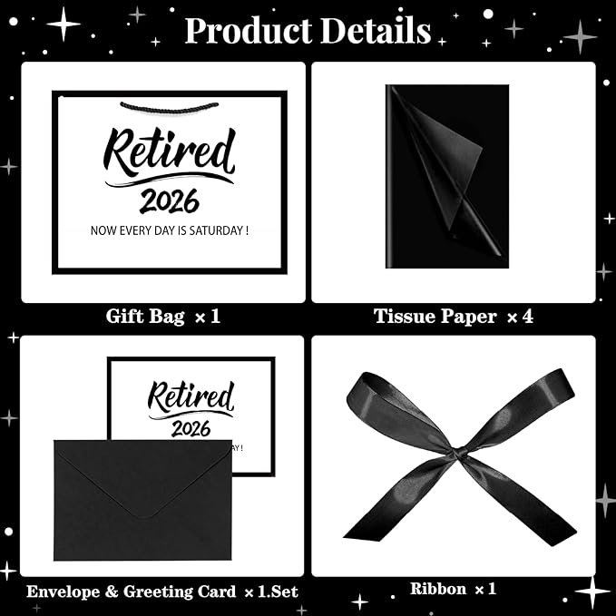 JWSCYSY 12.6" Retired 2026 Gift Bag with Tissue Paper, White and Metallic Black Retirement Gift Bag with Greeting Card for Men Women Retirement Party Decorations Supplies.