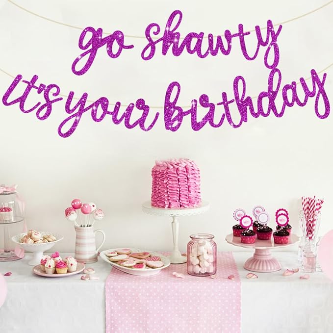 BEISHIDA Purple Go Shawty It's Your Birthday Banner - NO DIY - Hip Hop Theme Glitter Happy Birthday Banner - Pre-Strung - Purple Rap Theme Happy Birthday Sign for Man Women birthday Party Supply