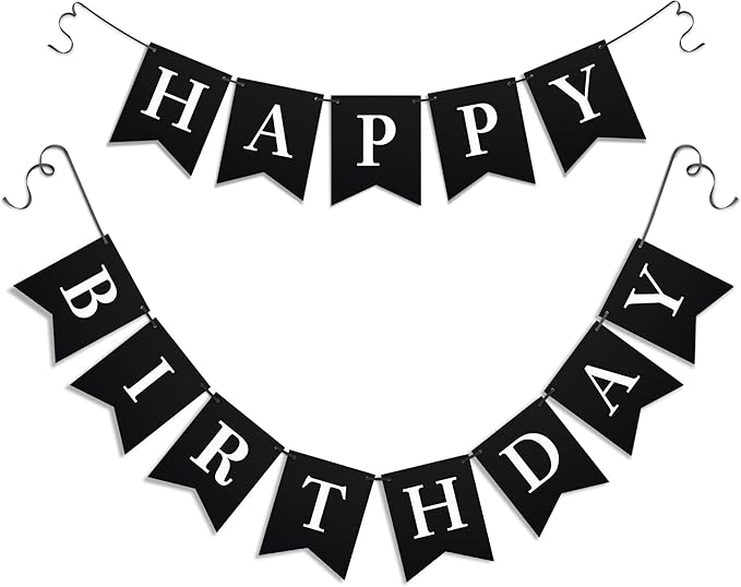 Black Happy Birthday Banner - Black Hanging Backdrop Sign With White Letters, Happy Birthday Sign Bunting Decorations For Men Women Kids Baby Shower Party Supplies (13pcs)