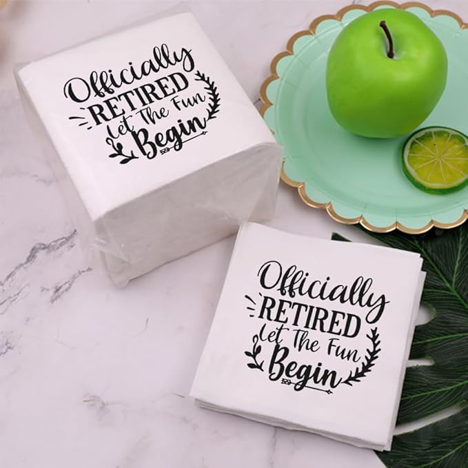 Retirement Cocktail Napkins Party Napkins Beverage Napkins Bar Napkins Disposable Paper Novelty Humorous Gag Gift 100Pcs 4.5 x 4.5 17-ply (Officially Retired Let The Fun Begin)