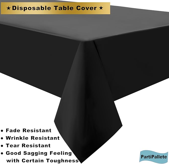 3-Pack Premium Plastic Black Tablecloth Disposable 54 x 108 Inch. Rectangle Table Cover Party Table Cloths for Birthday Baptism Christening BBQ Picnic Banquet Fits up to 8 ft Tables