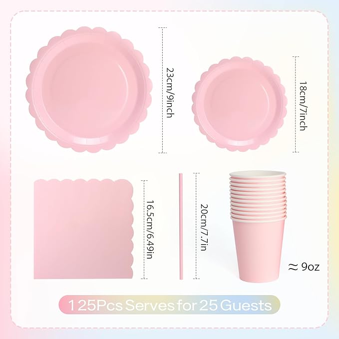 168PCS Party Plates, Scalloped Gingham Paper Plates and Cups and Napkins Sets Party Supplies for Birthday Wedding Bridal Shower Baby Shower Picnic, Serve for 24 Guests (Pink Scalloped)