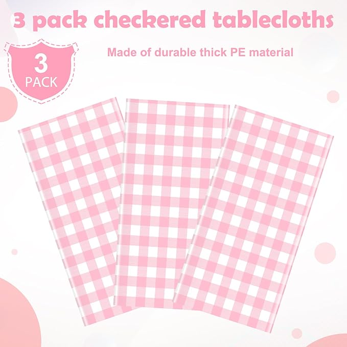 3pcs 54X108inch Pink Checkered Tablecloth,Pink Gingham Tablecloths Buffalo Plaid Disposable Plastic Table Covers for Birthday Baby Shower Bridal Wedding Party Birthday Decorations