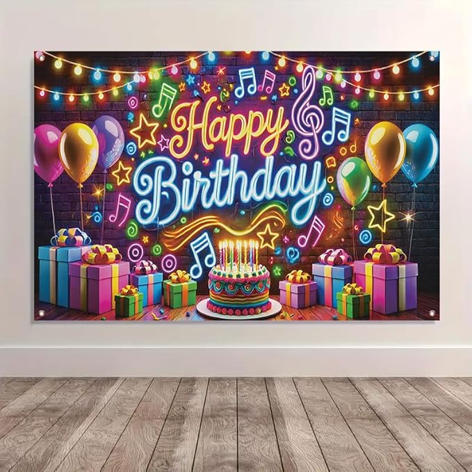 Happy Birthday Banner Backdrop, 71x43 In,Neon Music Theme Birthday Party Decorations with Balloons Cake Gifts, Colorful Brick Wall Background for Boys Girls Kids Birthday Photo Booth Supplies