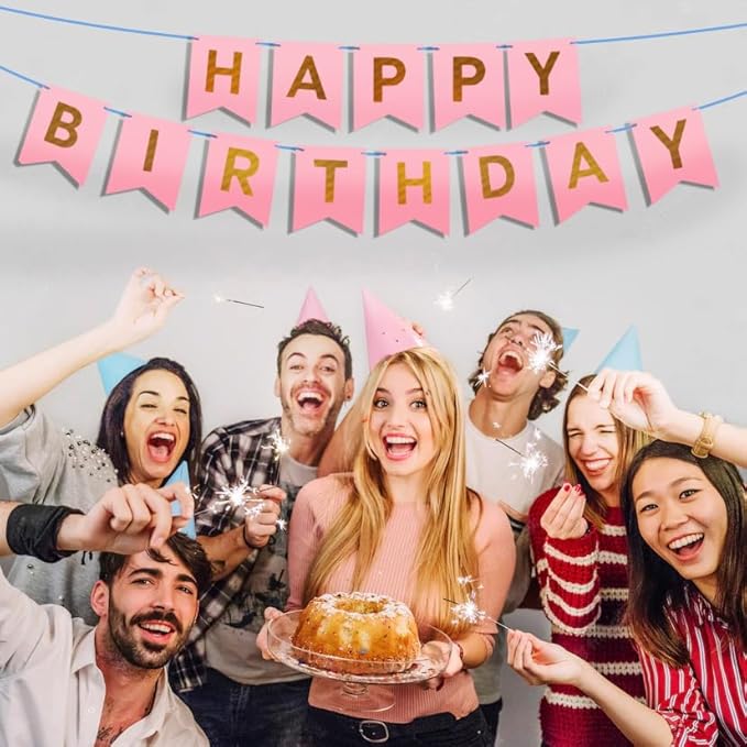 Happy Birthday Banner - Vibrant Happy Birthday Decorations & Sign, 250g Cardstock with 5m String, Perfect Party Decor for Kids, Men, Women & Celebrations, Pink