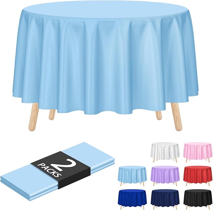 Kopokita 2 Pack Light Blue Round Disposable Plastic Tablecloths 84 inch Party Table Covers