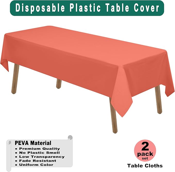 PARTY ULYJA Coral Plastic Tablecloths 2 Pack Blush Red Disposable Table Covers 54 x 108 Inch Bridal Shower PEVA Table Cloths for Picnic Birthday Wedding Banquet Parties 8 ft Rectangle Table Use
