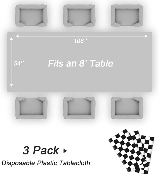 QIKSION Checkered Tablecloth Disposable 3 Pack, 54 x 108 Inch Black and White Checkered Flag Table Cloth for Race Car Decorations, Birthday Party Supplies, Rectangle, Plastic Table Cover