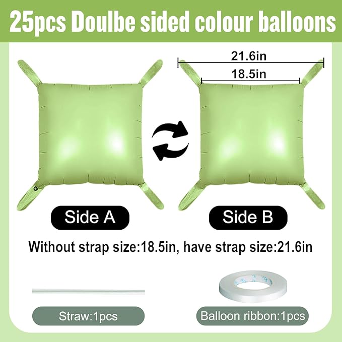 25Pcs Olive Green Square Foil Balloons Wall Backdrop, Double Sided Metallic Foil Balloons Tunnel Arch Garland Kit for Photo Booth Birthday Wedding Graduation Halloween Party Decorations