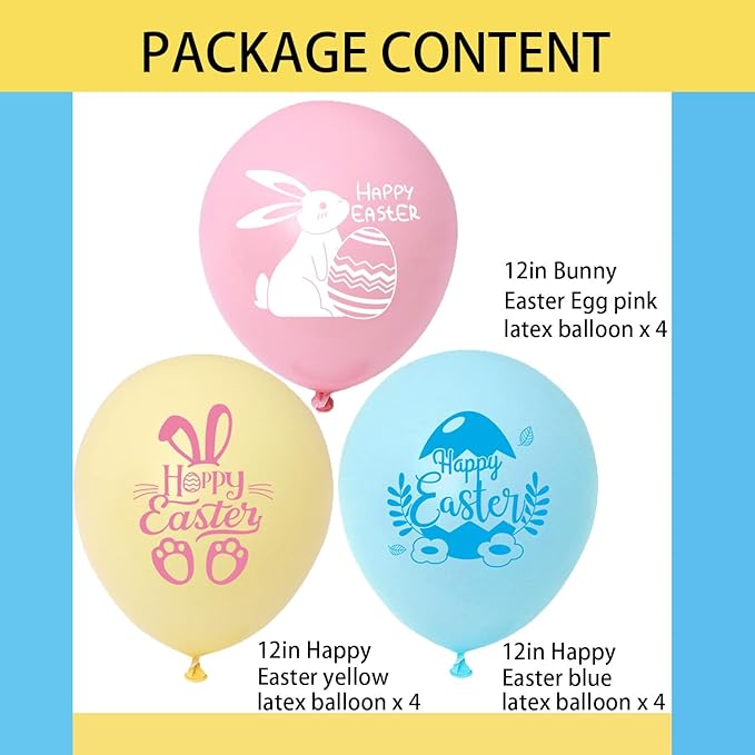 Easter Party Decorations - Latex Balloons with Bunny & Egg Prints for Easter Themed Party - Arch Decor Supplies, 12Pcs