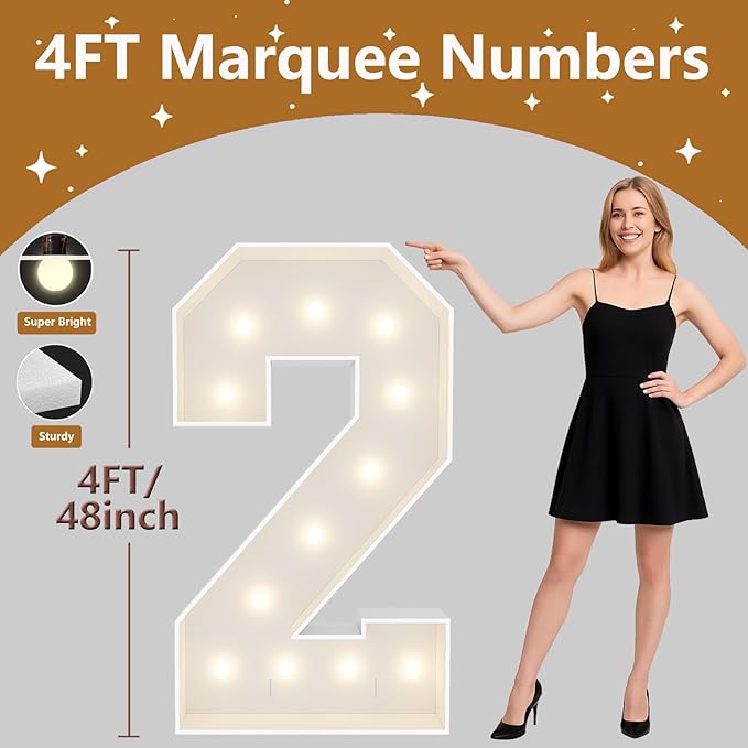 4FT Marquee Light Up Numbers, Giant Marquee Numbers, Pre-cut DIY Foam Board Number 2 for 12th 20th 21st Birthday Decorations, Anniversary Party Decor, 2 Year Old Party Decorations
