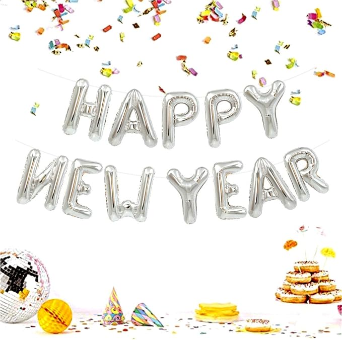 TONIFUL Silver Happy New Year Balloons 16 Inches Mylar Foil Letter Sign Banner balloon For 2025 New Years Eve Party Anniversary Decor Home Party Decorations