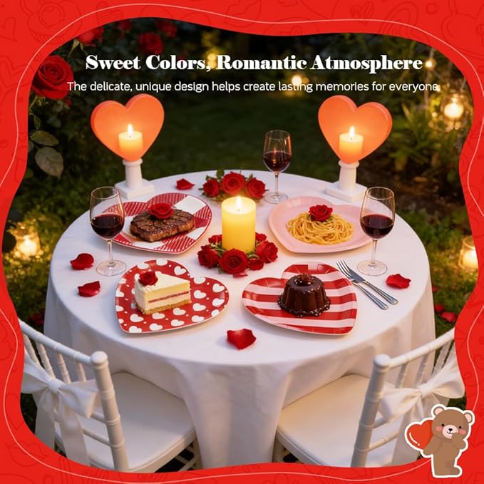 48 Pack 9 Inch Heart Shaped Paper Plates for Mother's Day & Valentine’s Day, Disposable Pink & Red Party Plates, 4 Designs for Wedding, Anniversary, Galentine’s Day Party Supplies
