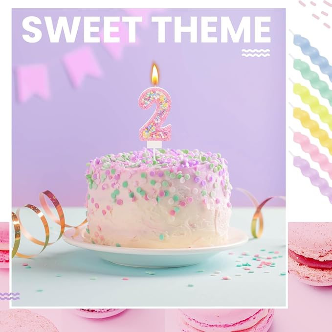 MTLEE Birthday Candle Macaron Glitter 3D Number Candle with 12 Pcs Rainbow Spiral Candles in Holders for Girl Boy Cake Topper Wedding Anniversary Pastel Sweet Theme Party Decoration(Pink,Number 2)