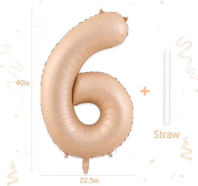 Number 6 Balloon, 6 Balloon, Number Balloons 40 Inch, Beige Large Big Foil Number Balloons for Birthday Party Graduation Wedding Anniversary Baby Shower Bachelorette Decoration Supplies
