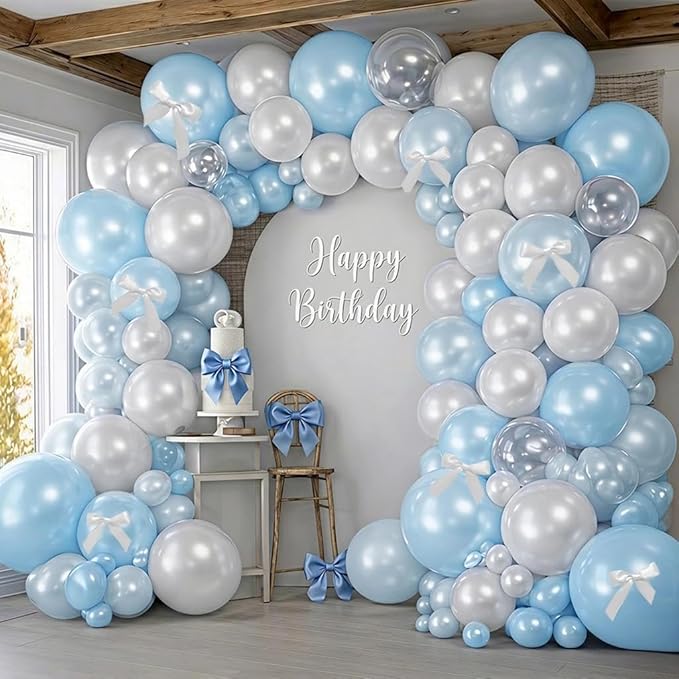 Blue White Balloon Garland Double Stuffed Light Baby Blue Balloons White Bow Bobo Pearl Balloon Arch Kit for Wedding Birthday Baby Shower Winter Princess Party Decorations