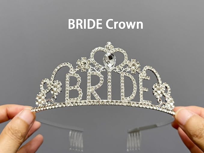 JETKONG 3 Pcs Bachelorette Party Decorations BRIDE Crown, Bride to Be Sash&Veil for Women Bachelorette Party Gifts, Bridal Shower Supplies, Gifts, Favors (Silver)