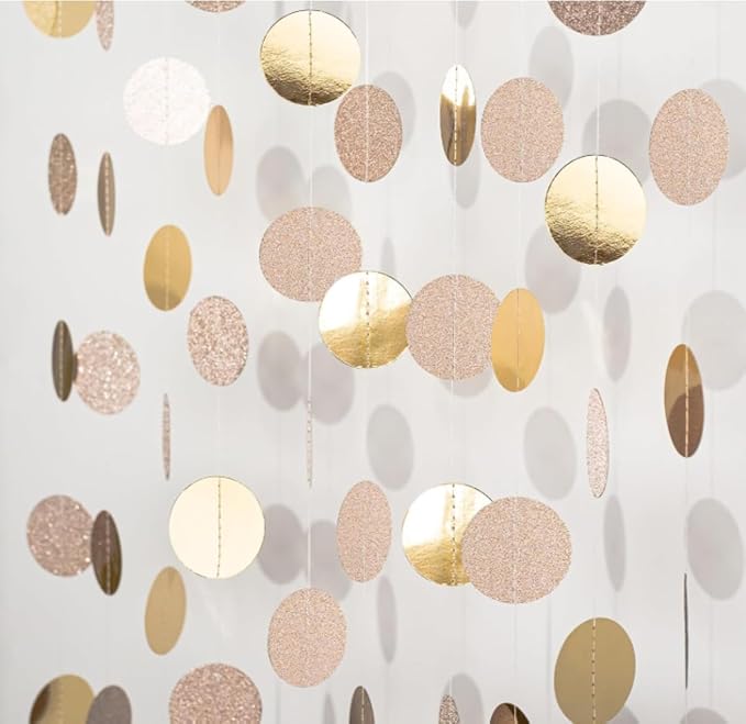Champagne Circle Dots Garlands Decorations, 52 Feet, Glitter Circle Garland Hanging Banner for Christmas Party, Anniversaries, Wedding, Birthday Parties, Graduations Parties, Baby Shower(Champagne)