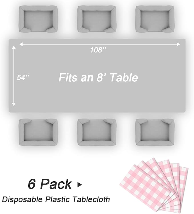 QIKSION Pink Gingham Tablecloth Disposable 6 Pack, 54 x 108 Inch Pink and White Checkered Table Cloth for Baby Shower, Easter, Mothers Day Decorations, Birthday Party, Rectangle, Plastic Table Cover